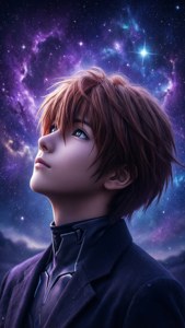Kaworu Nagisan profiili violettia ja sinistä galaksitaivasta vasten