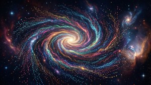 A colorful spiral galaxy with swirling arms and bright stars in deep space