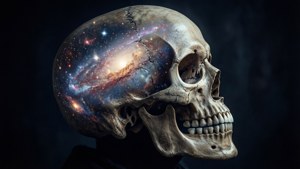 Una sagoma di teschio contenente una galassia vorticosa, cosmica e spirituale.