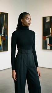 Joan Smalls berpose di galeri seni, sebuah studi tentang gaya modern dan kontemplasi.