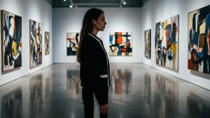 Takeoff di galeri seni modern dengan lukisan abstrak dan bayangan dramatis.