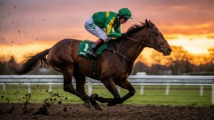 Foto aksi dinamis dari joki dan kuda yang berlomba di Kentucky Derby.