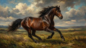 Un dipinto drammatico di un cavallo che galoppa attraverso un paesaggio tempestoso, ispirato all'arte equestre di Karl Loeillot-Hartwig.