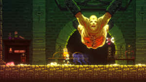 Un zombie pixelado cuelga de cadenas sobre una plataforma de piedra en una mazmorra oscura. — Fondods de juegos Fondos
