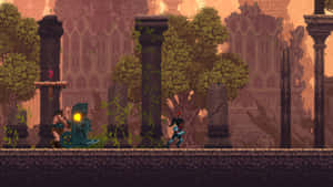 Guerrero pixel explora ruinas antiguas cubiertas de vegetación al atardecer con un enemigo brillante cerca. — Fondods de juegos Fondos