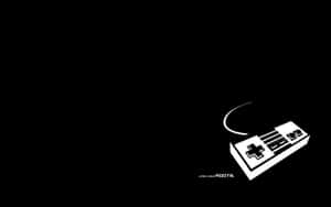 White Nintendo controller graphic on black background with curved line and text. — Games Wallpaper