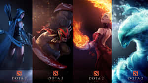 Four Dota 2 characters wielding elemental powers in dark fantasy art. — Games Wallpaper
