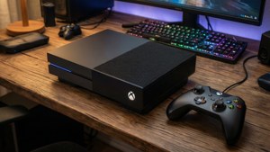 Consola Xbox One y mando en un setup de gaming.