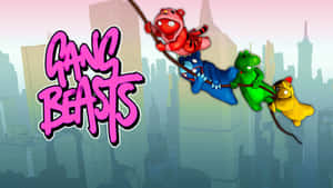 Quattro animali dei cartoni animati in costume che oscillano su una corda sopra uno skyline cittadino con testo rosa di graffiti. — Beastie boys Sfondi