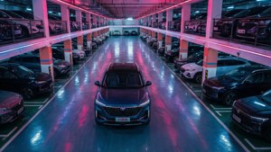 Changan Uni-T i en fleretasjes neonopplyst parkeringsgarasje, symmetrisk utsikt.