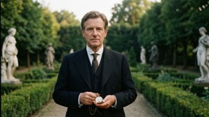 Hienostunut muotokuva Jan Hindrik Kiewiet de Jongesta muodollisessa puutarhassa