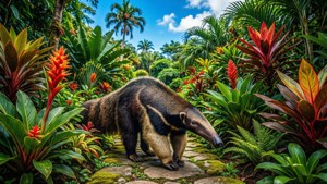 Tamandua går i en tropisk have, livlige farver.