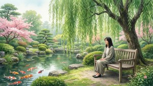 Kanae Sumida i en japansk trädgård med koi-damm, akvarellstil