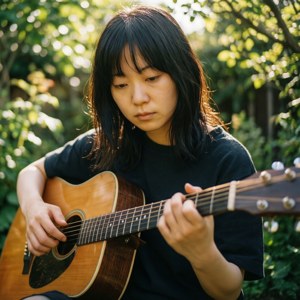 Mitski playing acoustic guitar in a sunlit garden