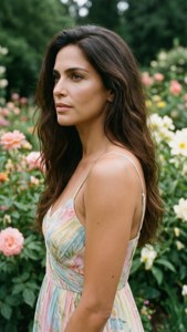 Jacqueline Fernandez in un giardino fiorito con un vestito estivo pastello.