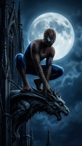 Elegant mørk silhuet af Spidey på en gargoyle under en fuldmåne, helt ny dag nat.