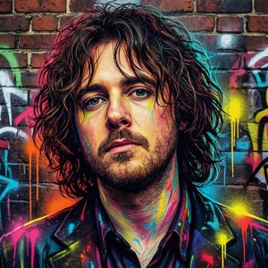 En livlig graffiti-inspirert illustrasjon av Lewis Capaldi på en murvegg