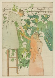 Gathering Fruit by Mary Cassatt, created c. 1893, in color drypoint, softground etching, and aquatint on laid paper. Download this artwork as a high-resolution — Mary Cassatt Wallpaper