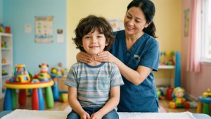 Seorang chiropractor dengan lembut menyesuaikan leher anak yang bahagia