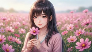 Nui Harime in a field of pink flowers, holding a flower with a gentle smile.