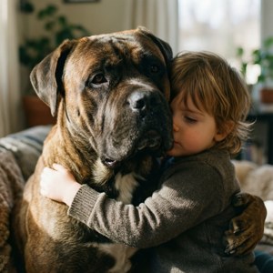 Um momento terno entre um Cane Corso e uma criança.