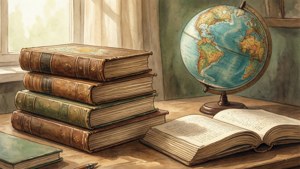 Un'illustrazione ad acquerello calda di vecchi libri di testo di geografia e un mappamondo aperto su una scrivania.