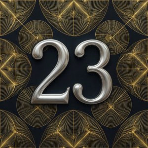 Abstrakt geometrisk design med tallet 23 i sølv i midten.