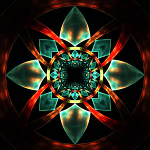 Symmetrisk fraktal mandala med glödande teal och orange element på svart bakgrund