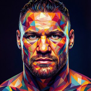 Et abstrakt geometrisk portræt af Tyson Fury i levende farver.