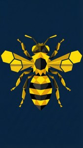Sfondo SVG geometrico di ape con forme esagonali e triangolari su blu scuro.