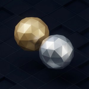 Wallpaper geometris 3D low poly dari bintang biner sebagai bola emas dan perak.