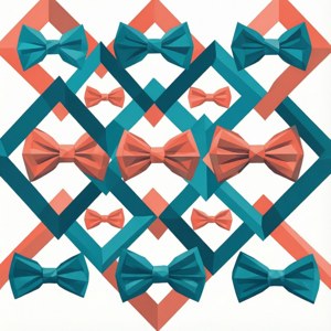 Abstrakt geometriskt mönster av flugor i teal och korall.
