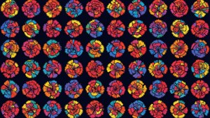 Abstract geometric pattern with carnation shapes, vibrant colors, dark background, modern.
