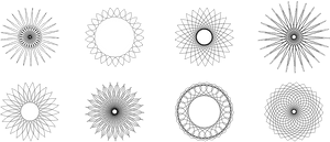 Eight black and white geometric circular patterns with radial symmetry.