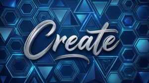 Futuristisk geometrisk baggrund med blå sekskanter og sølv kalligrafi 'Create'.
