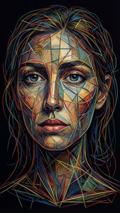 Linee geometriche colorate che formano un volto cubista