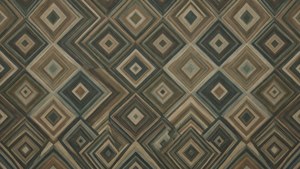 Een abstract geometrisch behang van J.A. Aldag met diamantvormen in gedempte aardetinten.