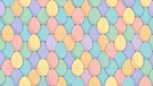 Ett minimalistiskt mönster av pastellfärgade geometriska påskägg i platt design.