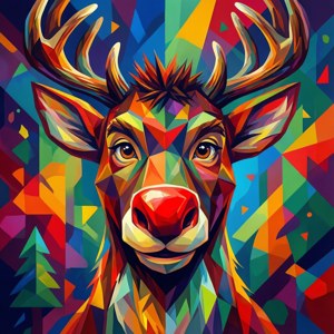 Abstrakti geometrinen Rudolf hehkuvalla punaisella nenällä, moderni ja rohkea.
