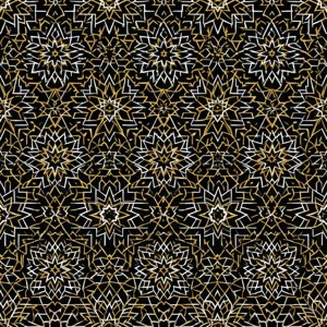 Schwarzes, weißes und goldenes geometrisches islamisches Sternmuster, symmetrisch und kunstvoll