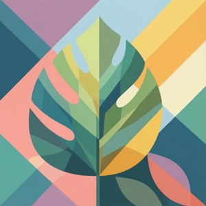 Moderne abstrakt tapet med geometriske bladformer i fladt design og pastelfarver.