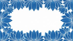 Styliseret geometrisk lotusblomst kant i blåt og hvidt, gentagende mønster.