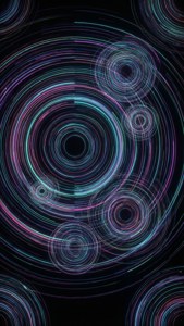 Et abstrakt geometrisk rummønster med koncentriske cirkler og neonlinjer på sort.