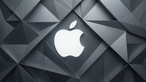 White Apple logo on gray geometric pattern background.
