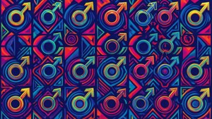 Et abstrakt tapet med et gentagende geometrisk mønster af mandssymboler.