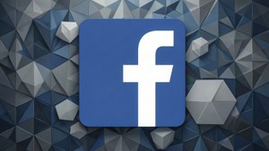 Logo blanc de Facebook sur fond de motif géométrique.