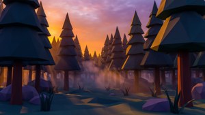 Low-poly fyrreskov ved solnedgang med lagdelte geometriske træer.