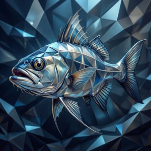An abstract low-poly barracuda in metallic blue and silver, futuristic digital art. — Barracudas Picture