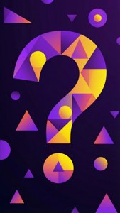 Et abstrakt geometrisk design med et farverigt spørgsmålstegn lavet af trekanter og cirkler