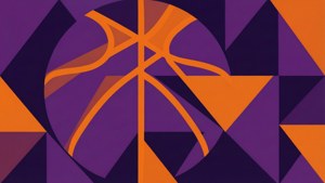 Abstract geometric pattern with basketball motif in team colors.